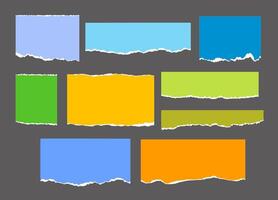 Set of paper note ripped strips in dark background. Paper page scraps with torn edges. vector