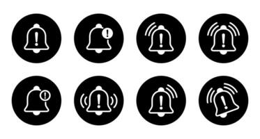 Warning bell icon set collection on black circle. Danger caution notification sign symbol vector