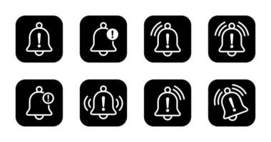 Warning alarm bell icon set collection on black square. Danger notification sign symbol vector