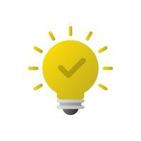 Light bulb tick checkmark icon in flat design. Lamp with check sign. Insight, tip symbol vector