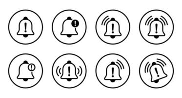 Warning bell icon set collection on circle line. Danger caution notification sign symbol vector