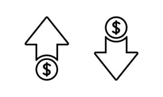 Dollar price up and down outline icon isolated on white background. USD coin growth and decline sign symbol vector