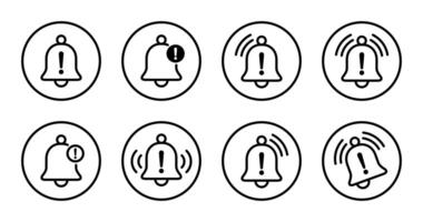 Warning alarm bell icon set collection on circle line. Notification sign. Danger caution symbol vector
