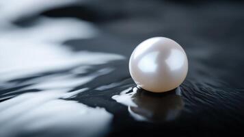Lustrous pearl resting on glossy black surface reflecting light elegantly photo
