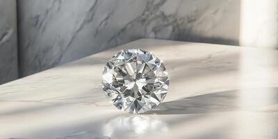Sparkling diamond on sunlit marble surface reflecting light and elegance photo