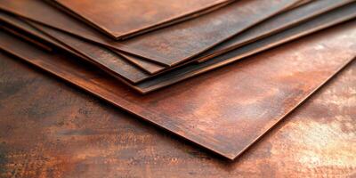 Stacked copper sheets displaying metallic texture and industrial concept photo