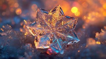 Close-up of glittering snowflake with vibrant bokeh lights in background reflecting winter beauty photo