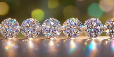 Sparkling round diamonds with brilliant cut capturing light against a colorful background photo
