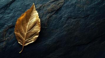 Golden leaf on dark stone surface symbolizing nature and luxury concept photo