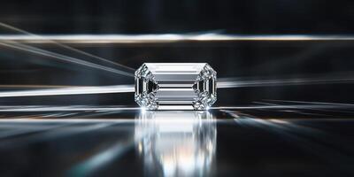 Radiant emerald-cut diamond reflecting light in a dark abstract setting photo