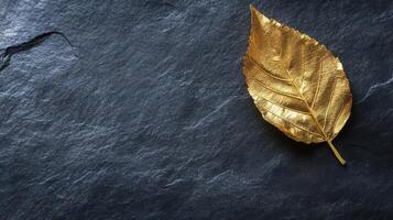 Golden leaf on dark slate background highlighting elegance and nature concept photo