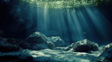 Sunlight streaming through underwater cave creates a serene and enchanting atmosphere photo