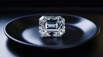 Radiant emerald cut diamond sparkling on black plate with elegant reflection photo