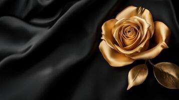 Golden rose on black silk fabric representing elegance and luxury concept photo