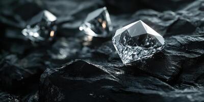 Sparkling diamonds on dark rocks in focused close-up detailing precision and elegance photo