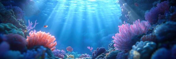 Vibrant underwater coral reef scene with sunlight and marine life diversity photo