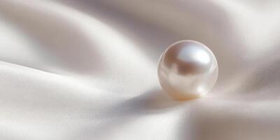 Elegant white pearl resting on luxurious satin surface with soft shadows photo