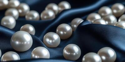 Elegant pearls scattered on luxurious satin fabric representing sophistication photo