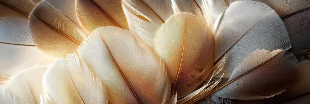 Macro shot of elegant beige and white feathers with subtle textures and light photo