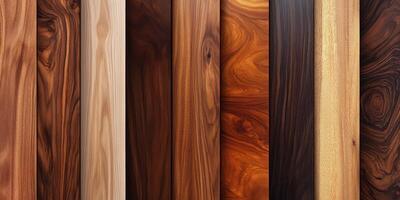 Variety of polished wooden planks displaying rich texture and natural grain patterns photo