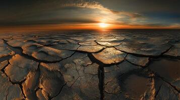 Captivating sunset over cracked earth with dramatic sky and sunrays reflecting photo
