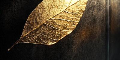 Golden leaf on dark background symbolizing nature and elegance photo