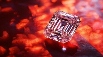 Radiant pink diamond on reflective surface illuminated by dramatic red lighting photo