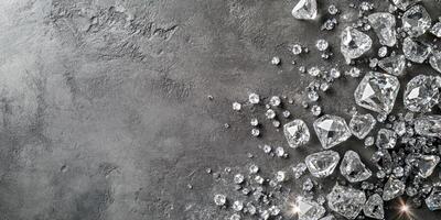 Luxury concept with scattered diamonds on grey stone texture background photo