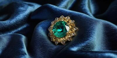 Luxurious emerald and gold ring on elegant satin fabric photo