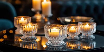Cozy ambient lighting with decorative glass candle holders on reflective surface photo