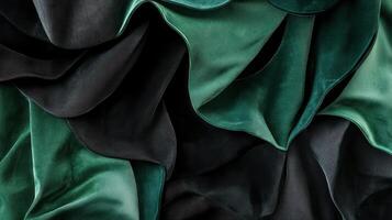 Elegant waves of green and black velvet fabric creating an artistic abstract pattern photo