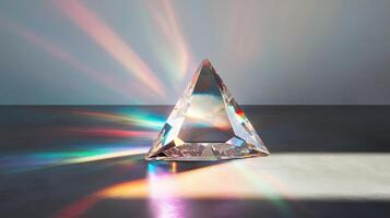 Prism casting colorful light rays on surface in modern geometric art concept photo