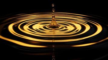 Golden water drop creating ripples in dark liquid surface reflections photo