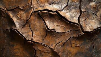 Detailed close-up of brown cracked clay texture for earthy background photo