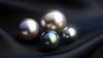 Elegant display of pearls on dark fabric background for luxury design concept photo
