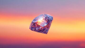 Sparkling crystal diamond reflecting light against vibrant sunset background photo