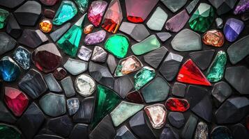 Diverse array of colorful gemstones on glossy black surface background photo