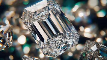 Sparkling emerald cut diamond on colorful bokeh background reflects luxury concept photo