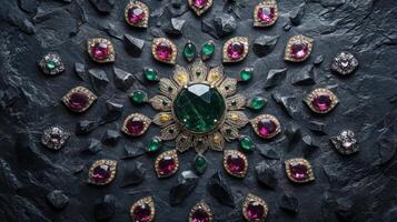 Intricate gemstone mandala arrangement on dark stone surface photo