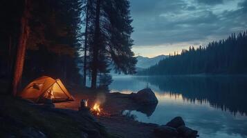 Serene lakeside campsite at dusk with illuminated tent and campfire reflections photo