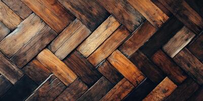 Rustic wooden floor with a textured herringbone pattern creating a warm aesthetic photo