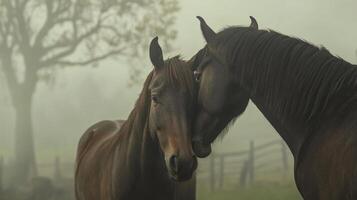 Two brown horses in foggy pasture symbolizing intimacy and connection in rural countryside photo