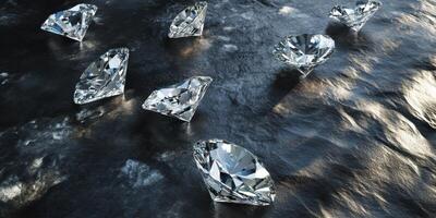 Sparkling diamonds on dark textured surface reflecting light photo