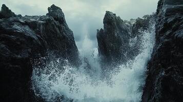 Powerful ocean waves crashing against rocky cliffs in dark moody atmosphere photo