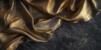 Luxurious golden silk fabric draped elegantly on dark marble surface photo
