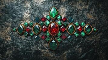 Intricate gemstone pattern with ruby and emerald on dark textured surface photo