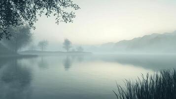 Tranquil misty lake at sunrise with reflections and silhouetted trees photo