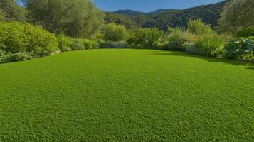 Lush green lawn in a tranquil mountain-valley garden setting with trees and shrubs photo