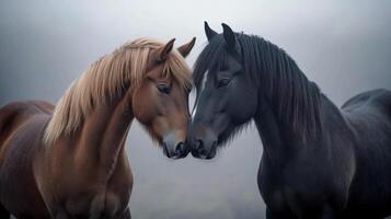 Two horses facing each other in misty atmosphere capturing friendship and nature photo