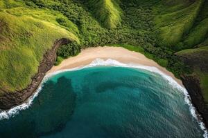 Aerial view of pristine secluded beach with lush green cliffs and turquoise ocean waters photo